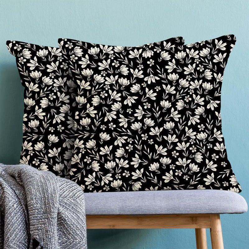 AEIOAE Black Daisy Floral Pillow Covers 18x18 Inch Set of 2  Vintage Block Print Flowers Decorative Outdoor Throw Pillows Farmhouse Linen Floral Pillow Case for Sofa Couch Decor - Image 4