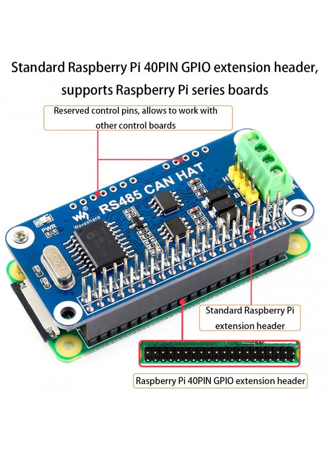 Waveshare - RS485 CAN HAT for Raspberry Pi 4B/3B+/3B/2B/B+/A+/Zero/Zero W/WH/Zero 2W, Long-Distance Communication via RS485/CAN Function Onboard CAN Controller MCP2515 via SPI Interface Transceiver SIT65HVD230DR - Image 1