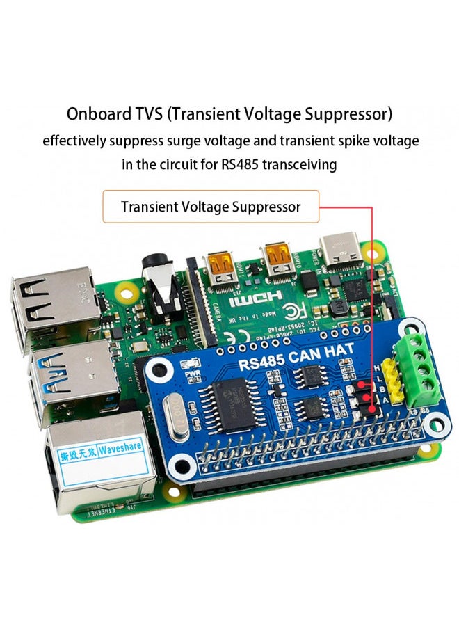 Waveshare - RS485 CAN HAT for Raspberry Pi 4B/3B+/3B/2B/B+/A+/Zero/Zero W/WH/Zero 2W, Long-Distance Communication via RS485/CAN Function Onboard CAN Controller MCP2515 via SPI Interface Transceiver SIT65HVD230DR - Image 1