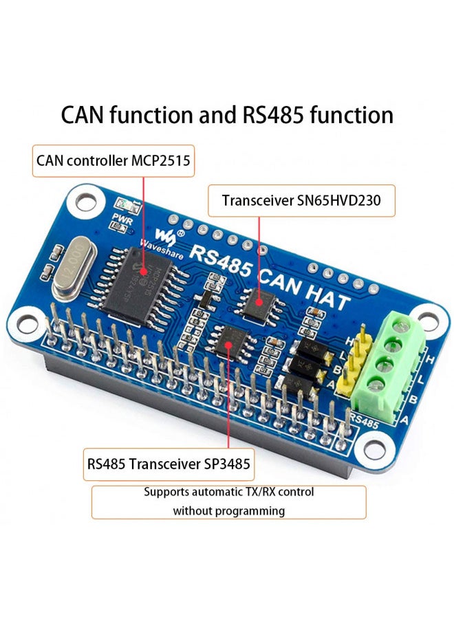 Waveshare - RS485 CAN HAT for Raspberry Pi 4B/3B+/3B/2B/B+/A+/Zero/Zero W/WH/Zero 2W, Long-Distance Communication via RS485/CAN Function Onboard CAN Controller MCP2515 via SPI Interface Transceiver SIT65HVD230DR - Image 1