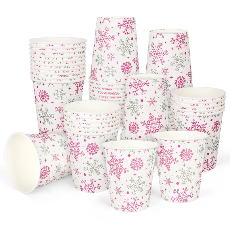 أكواب ورقية عيد الميلاد 50 قطعة 9 أونصة بتصميم رقاقات الثلج الوردية للاستخدام مرة واحدة لزينة حفلات عيد الميلاد ومستلزمات حفلات استقبال الأطفال