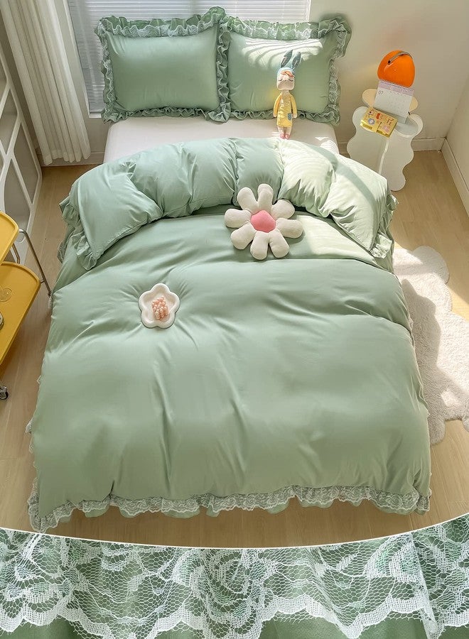 MOOWOO Chic Ruffle Lace Polyester Duvet Cover Set -Girl Green Bedding-2 Piece Twin Duvet Cover with Zipper Closure -Ultra Soft and Light Weight (Green,Twin Size) - Image 1