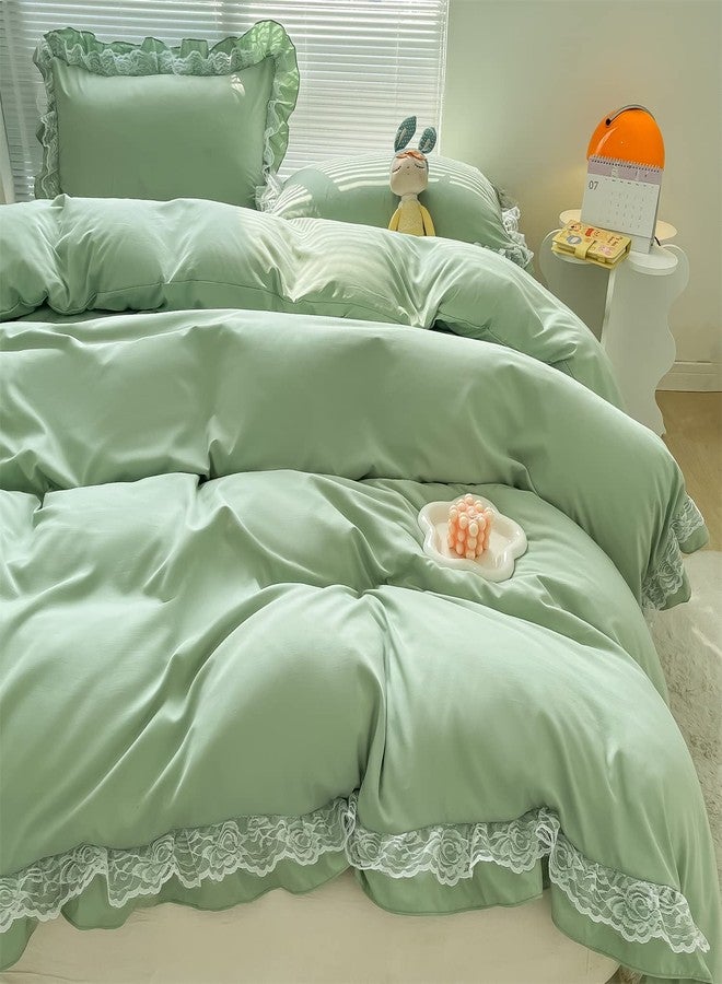 MOOWOO Chic Ruffle Lace Polyester Duvet Cover Set -Girl Green Bedding-2 Piece Twin Duvet Cover with Zipper Closure -Ultra Soft and Light Weight (Green,Twin Size) - Image 2