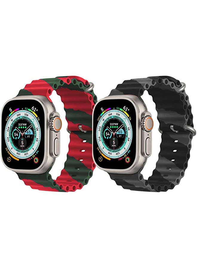 vesus Silicone Ocean Band Strap for Apple Watch Ultra 8 49mm Red/Green Double Line Strap with Black/Gray Double Line Strap Set of 2