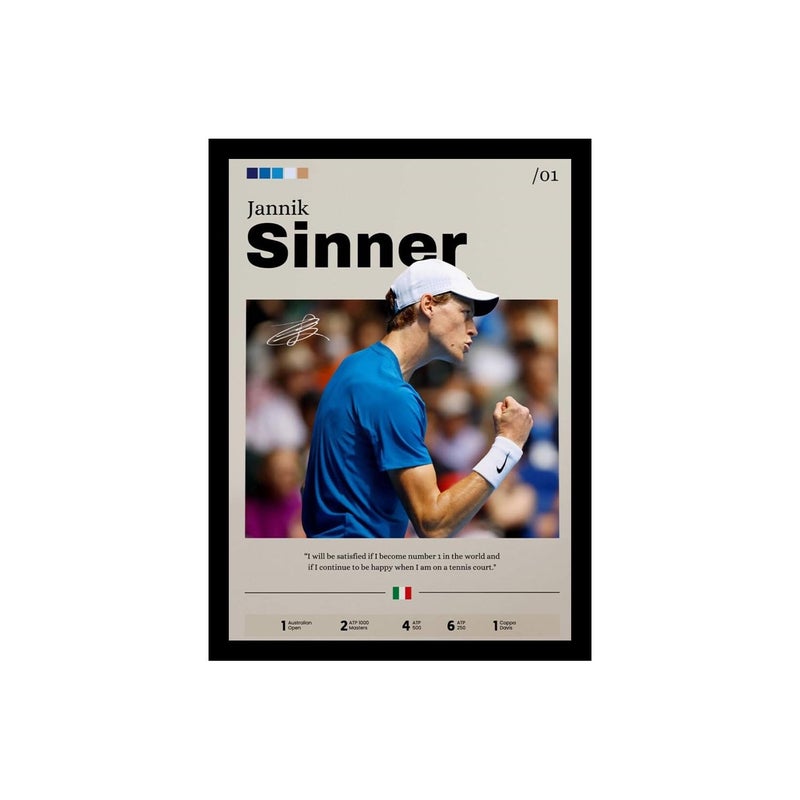 BLINKART BLINAKRT Jannik Sinner Tennis Player Synthetic Wood Photo Framed Wall Hanging Poster For Room Office Bedroom Living Boys and Girl Room Home Wall Hanging12 18 Inches  - Image 1