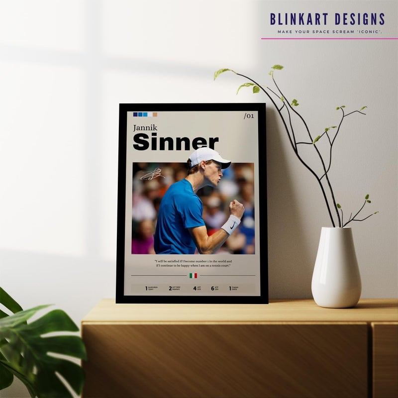 BLINKART BLINAKRT Jannik Sinner Tennis Player Synthetic Wood Photo Framed Wall Hanging Poster For Room Office Bedroom Living Boys and Girl Room Home Wall Hanging12 18 Inches  - Image 3