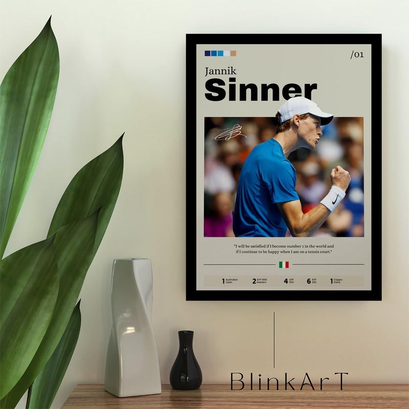 BLINKART BLINAKRT Jannik Sinner Tennis Player Synthetic Wood Photo Framed Wall Hanging Poster For Room Office Bedroom Living Boys and Girl Room Home Wall Hanging12 18 Inches  - Image 2