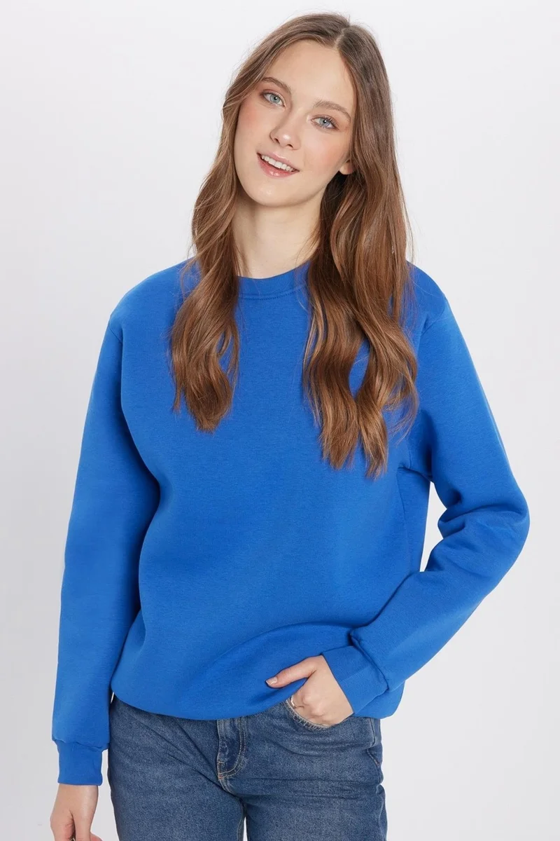 تودورس Relax Fit Comfortable Cut Cotton Soft Textured Polar Fleece Inside Basic Saks Blue Crew Neck Sweatshirt