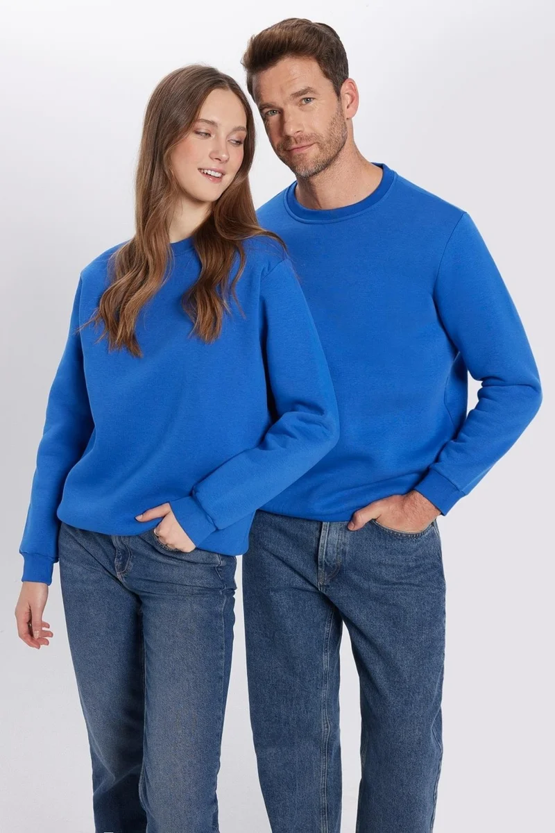 تودورس Relax Fit Comfortable Cut Cotton Soft Textured Polar Fleece Inside Basic Saks Blue Crew Neck Sweatshirt