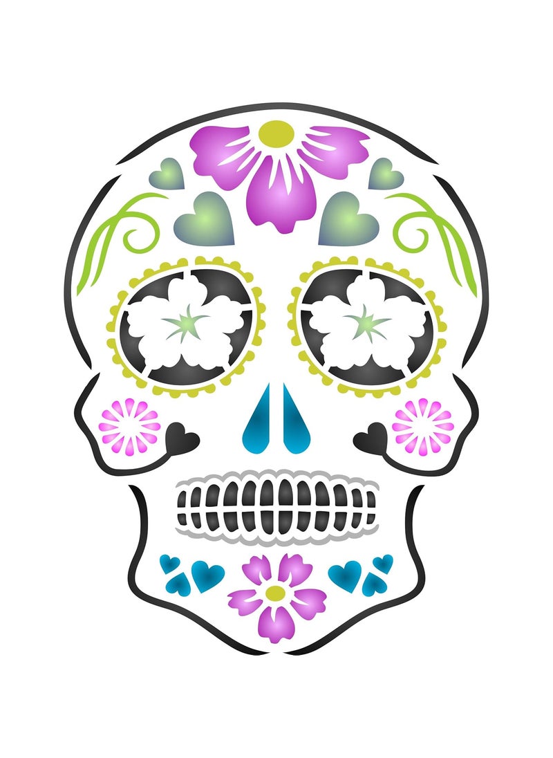 Usnyabni Day of The Dead Sugar Skull Stencil - (Size 6.5?w x 8.5?h) Reusable Wall Stencils for Painting - Halloween Decor Ideas - Use on Walls, Floors, Fabrics, Glass, Wood, and More?  - Image 1