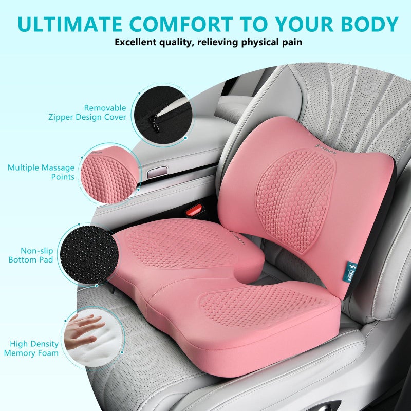 FLORICH Car Seat Cushion and Back Support for Office Chair Memory Foam Chair Cushions Pressure Relief Seat Pads with Gel Massage Point Lumbar Support (Light Pink) - Image 3