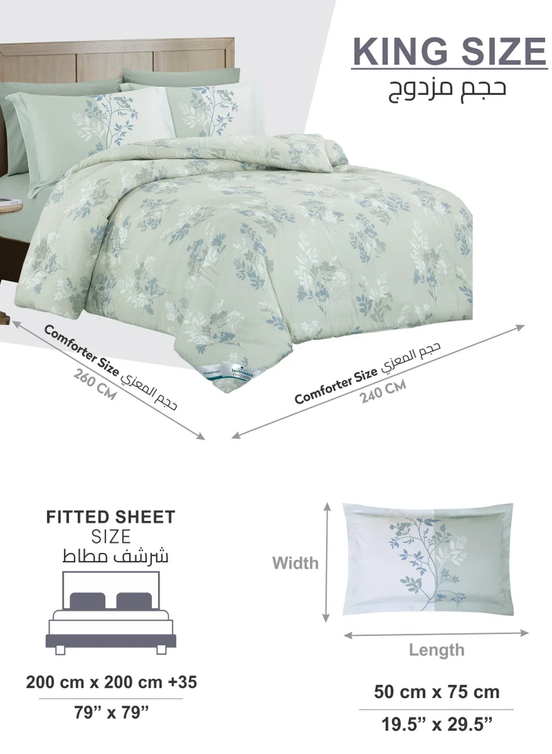 Donetella Printed Comforter Set 6-Pcs King Size All Season Double Bed Fits(200 X 200 Cm)Bedding Set With Removable Filler And Down Alternative Filling, Sea MIst