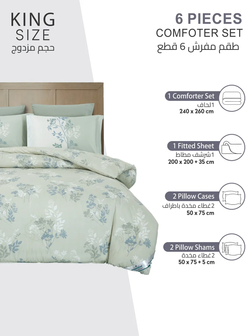 Donetella Printed Comforter Set 6-Pcs King Size All Season Double Bed Fits(200 X 200 Cm)Bedding Set With Removable Filler And Down Alternative Filling, Sea MIst