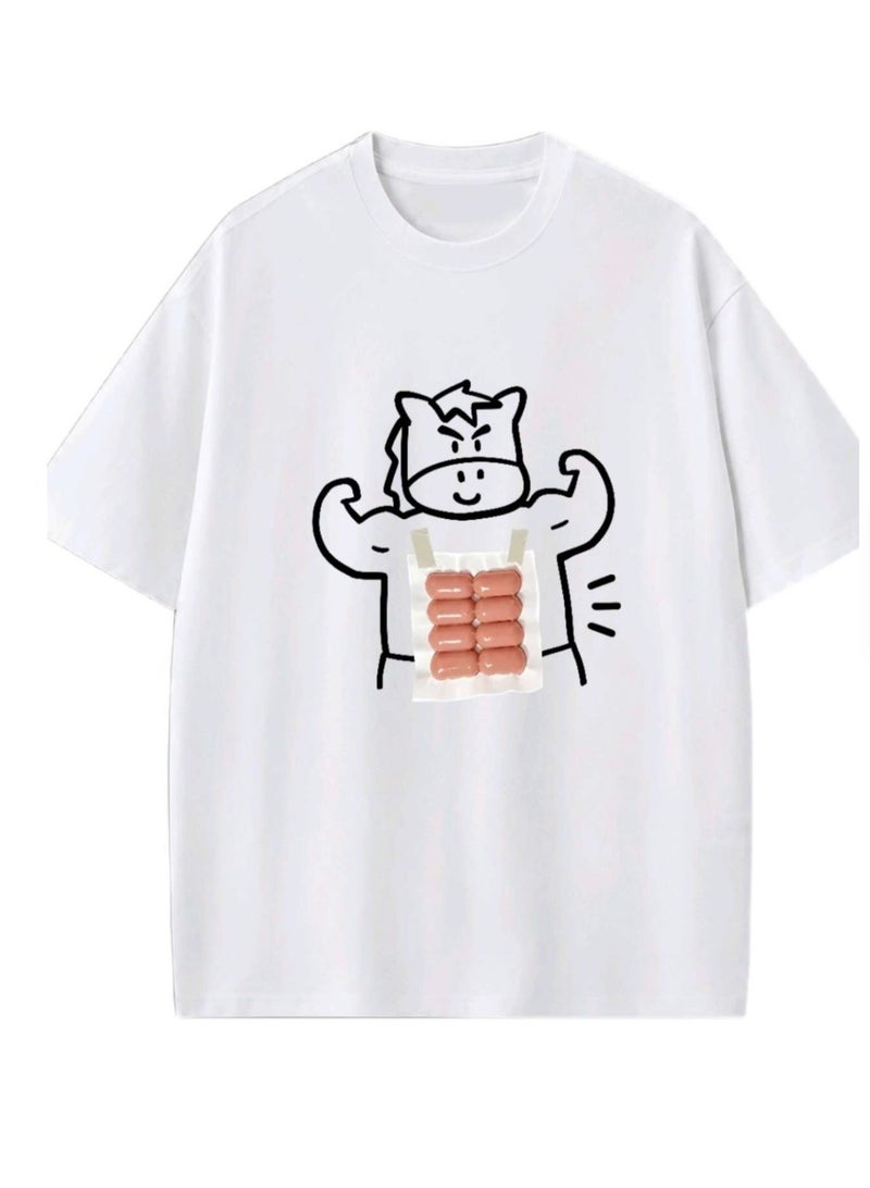 Unisex Casual Crew Neck Short Sleeve T-Shirt with Funny Muscle Horse Graphic Print - White - Image 1