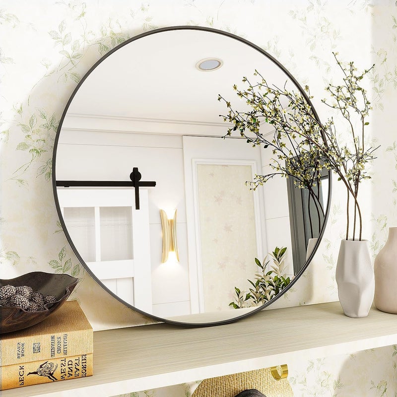 VooBang Black Round Bathroom Mirror, 24 inch Circle Wall Mounted Hanging Mirror with Simple Modern Circular Metal Frame for Hallway, Entryway, Living Room, Black Frame - Image 4