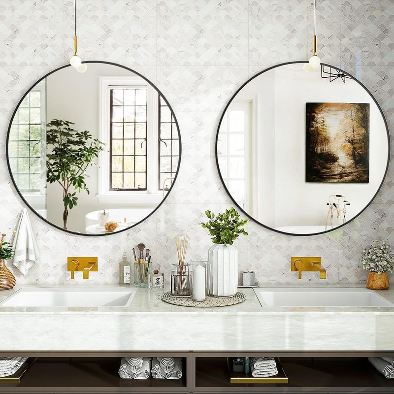 VooBang Black Round Bathroom Mirror, 24 inch Circle Wall Mounted Hanging Mirror with Simple Modern Circular Metal Frame for Hallway, Entryway, Living Room, Black Frame - Image 5