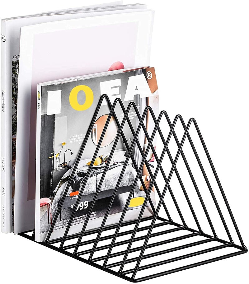 QUPET حامل مجلات مثلثي QUPET لسطح المكتب، رف كتب معدني بسيط، حامل تخزين مجلات، حامل كتب سلك معدني مثلث أسود - Image 1