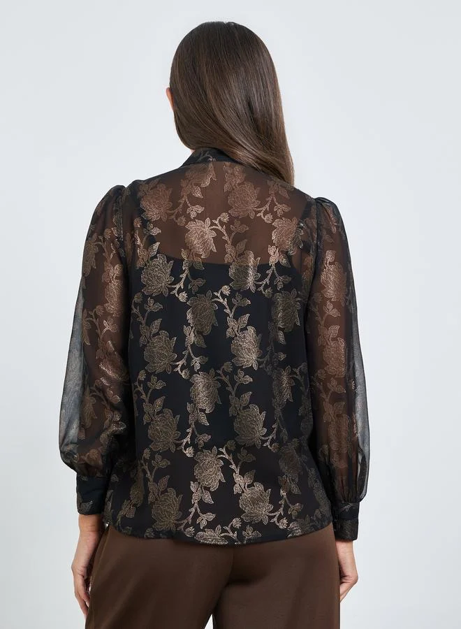 Styli  Black Floral Print Sheer Blouse with Inner Cami for Women | Best Price UAE