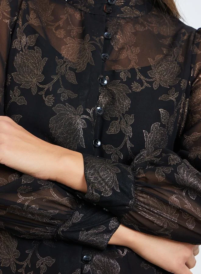 Styli  Black Floral Print Sheer Blouse with Inner Cami for Women | Best Price UAE