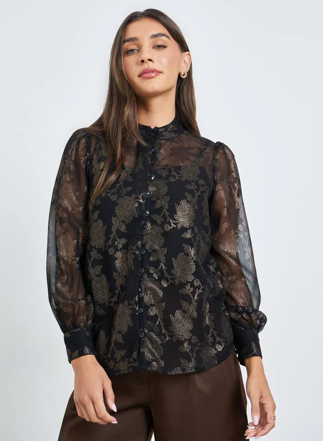 Styli Black Floral Print Sheer Blouse with Inner Cami