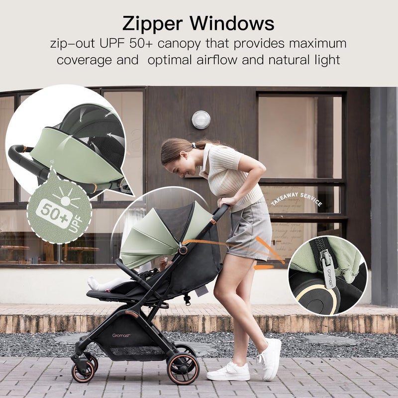 Gromast Gravity Folding Baby Stroller - Portable Travel Toddler Stroller w/Adjustable Backrest, Canopy & Cup Holder, Lightweight and UV Protected, One-Hand Automatic Folding - Green - Image 4