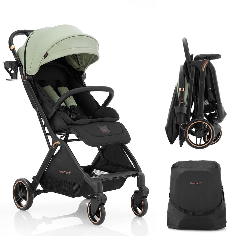 Gromast Gravity Folding Baby Stroller - Portable Travel Toddler Stroller w/Adjustable Backrest, Canopy & Cup Holder, Lightweight and UV Protected, One-Hand Automatic Folding - Green - Image 1