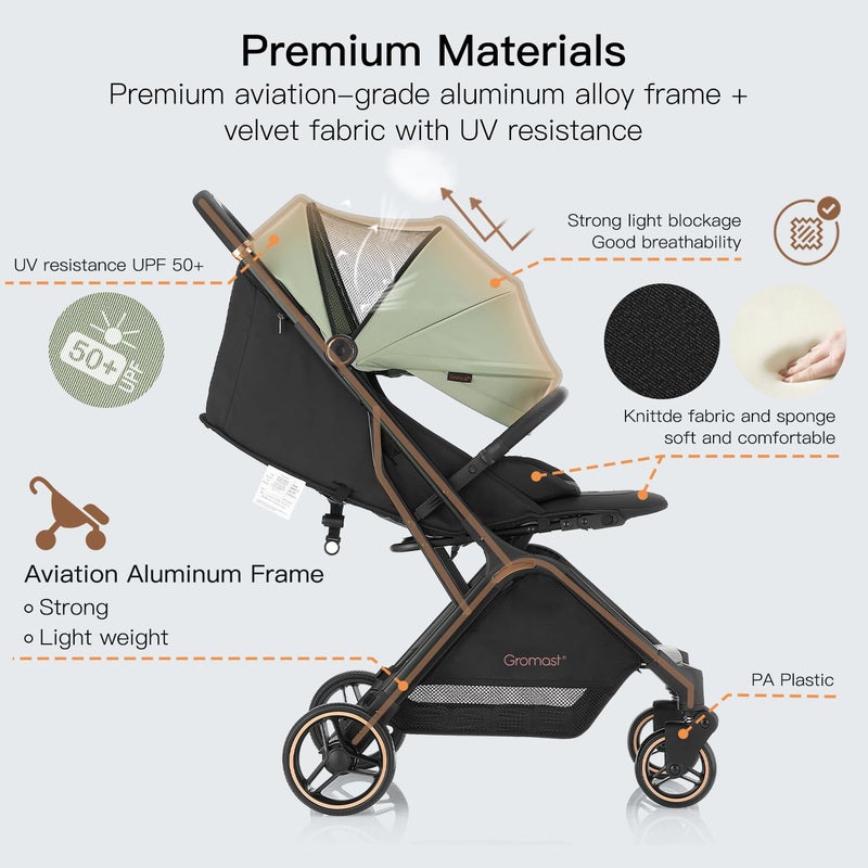Gromast Gravity Folding Baby Stroller - Portable Travel Toddler Stroller w/Adjustable Backrest, Canopy & Cup Holder, Lightweight and UV Protected, One-Hand Automatic Folding - Green - Image 5