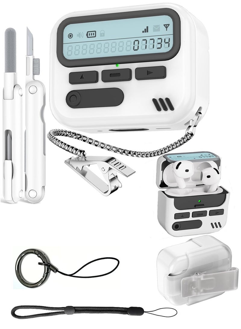 جراب AirPods 4 بتصميم كلاسيكي على شكل جهاز النداء، مزود بقفل أمان وحلقة مفاتيح، ومشبك حزام على شكل جهاز النداء، وقلم تنظيف، وغطاء حماية صلب من البولي كربونات بتصميم كلاسيكي، وغطاء مزدوج الطبقات مقاوم للصدمات، باللون الأبيض. - Image 1
