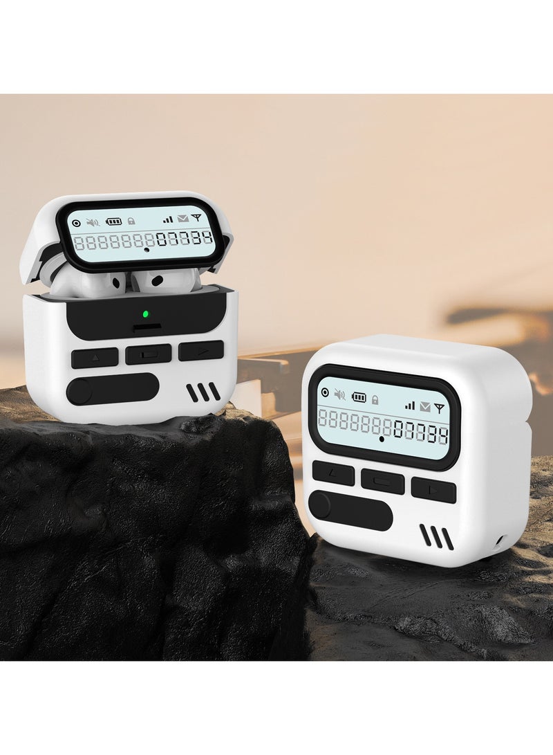 جراب AirPods 4 بتصميم كلاسيكي على شكل جهاز النداء، مزود بقفل أمان وحلقة مفاتيح، ومشبك حزام على شكل جهاز النداء، وقلم تنظيف، وغطاء حماية صلب من البولي كربونات بتصميم كلاسيكي، وغطاء مزدوج الطبقات مقاوم للصدمات، باللون الأبيض. - Image 3