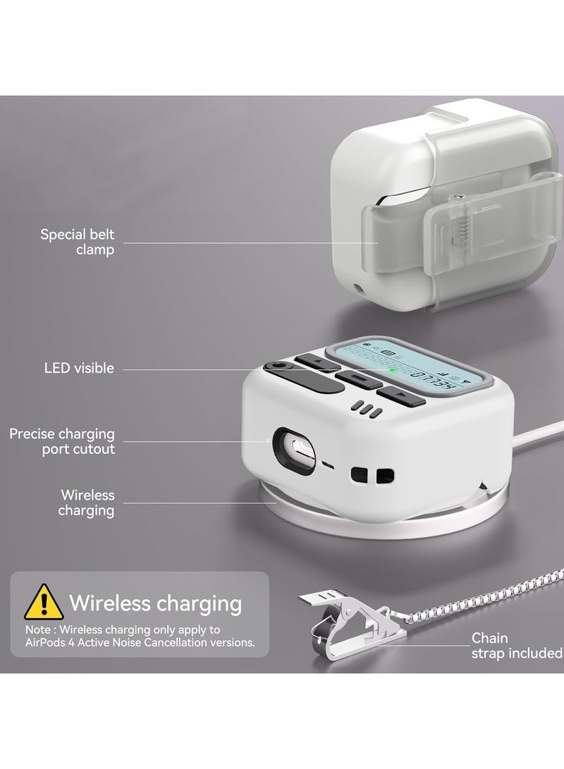 جراب AirPods 4 بتصميم كلاسيكي على شكل جهاز النداء، مزود بقفل أمان وحلقة مفاتيح، ومشبك حزام على شكل جهاز النداء، وقلم تنظيف، وغطاء حماية صلب من البولي كربونات بتصميم كلاسيكي، وغطاء مزدوج الطبقات مقاوم للصدمات، باللون الأبيض. - Image 4