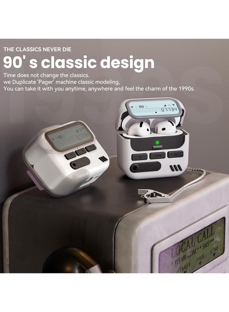 جراب AirPods 4 بتصميم كلاسيكي على شكل جهاز النداء، مزود بقفل أمان وحلقة مفاتيح، ومشبك حزام على شكل جهاز النداء، وقلم تنظيف، وغطاء حماية صلب من البولي كربونات بتصميم كلاسيكي، وغطاء مزدوج الطبقات مقاوم للصدمات، باللون الأبيض. - Image 5