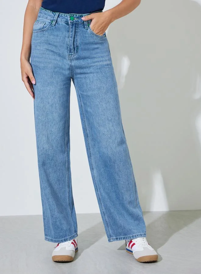 ستايلي Blue Whisker Wide Leg Jeans with Pocket