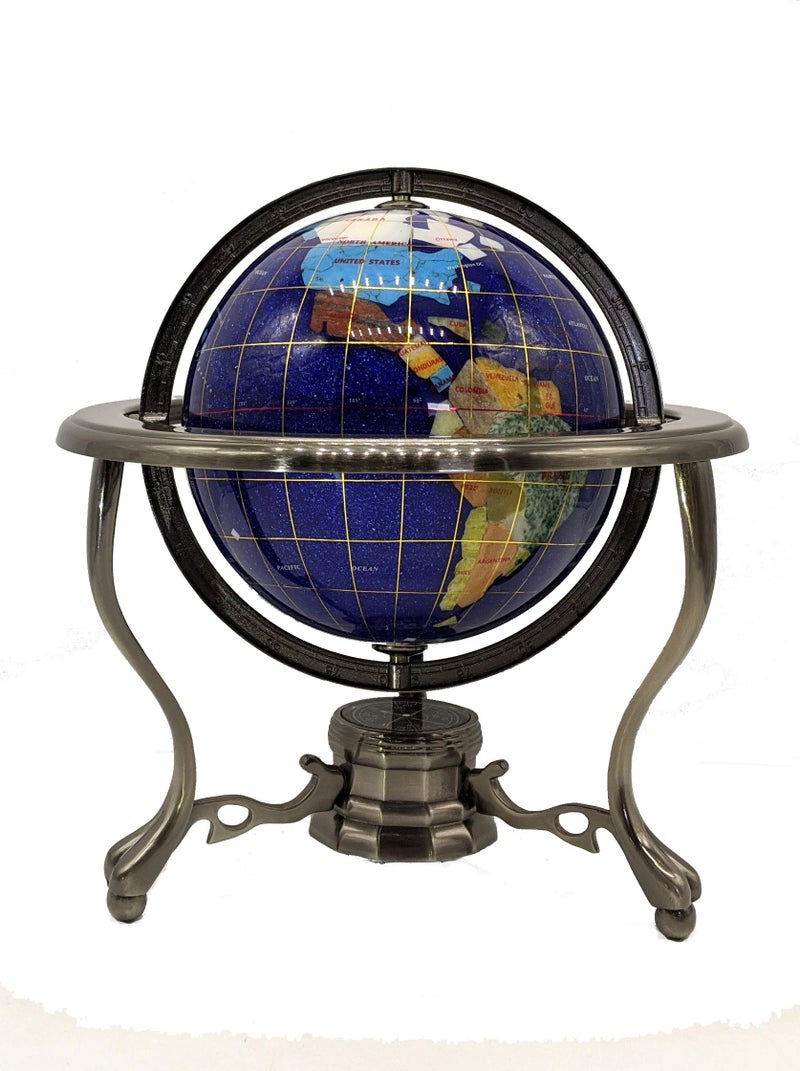 Unique Art 10Inch Tall Table Top Blue Crystallite Ocean Gemstone World Globe with Silver Tripod Stand BLUE CRYSTALLITE