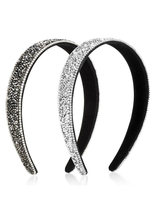 Wecoe 2 Pack Rhinestone Headbands Women Black Silver Headband Wide Headbands For Women Non Slip Fashion Bling Sparkly Diamond Holiday Headband Birthday Wedding Bridal Hair Accessories For Women Girls - Image 1
