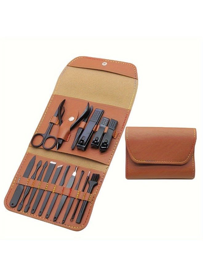 16pcs Travel Portable Manicure Set With PU Storage Bag，Multi Purpose Compact Nail Clipper Set，Stainless Steel Professional Cutter Care Set - Image 1