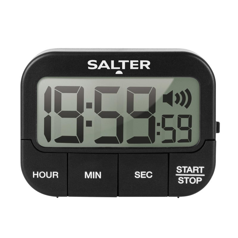 Salter 355 BKXCDU Digital Kitchen Timer  LCD Display Loud Clock Timer Magnetic Cooking Stopwatch Self Standing Count Up Or Down19 Hours 59 Minutes and 59 Seconds Memory Function Large Buttons