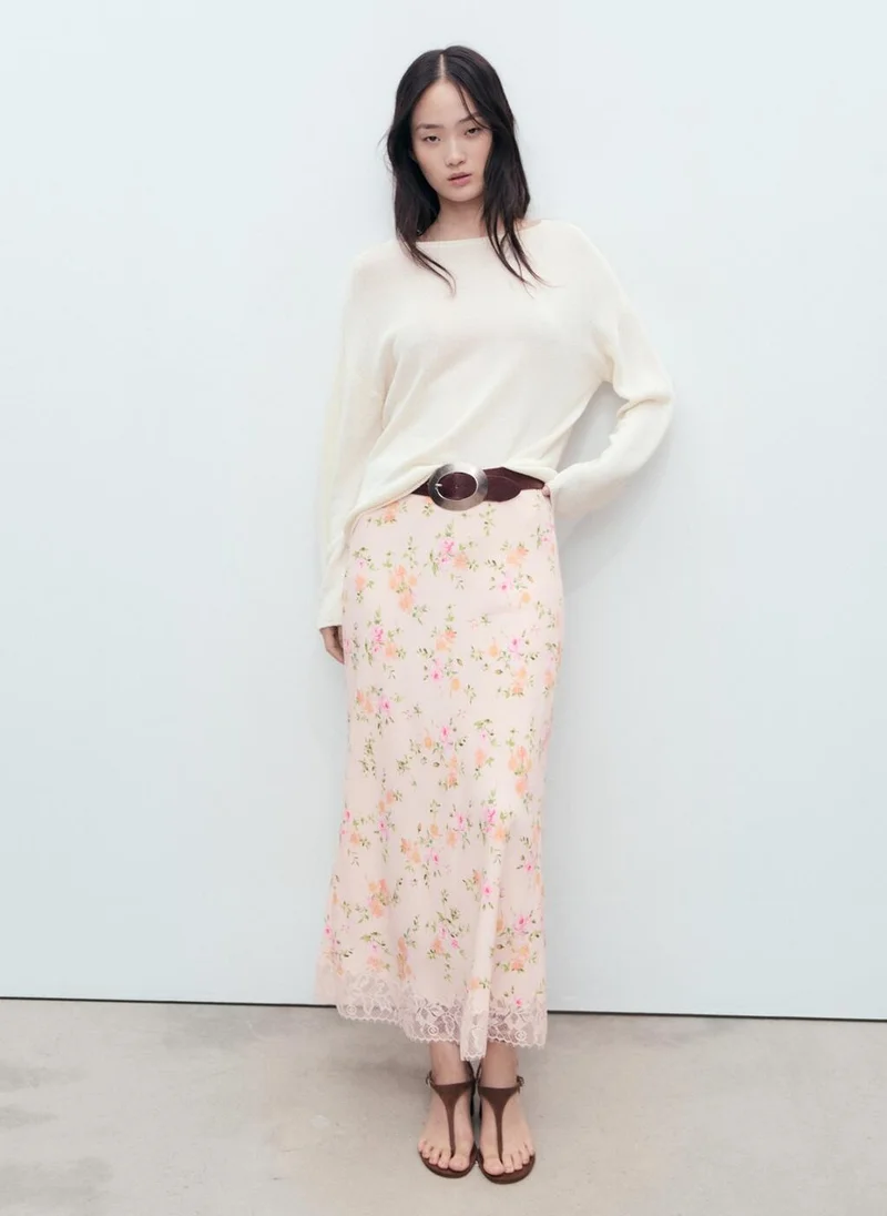 MANGO Floral Skirt With Lace Detail
