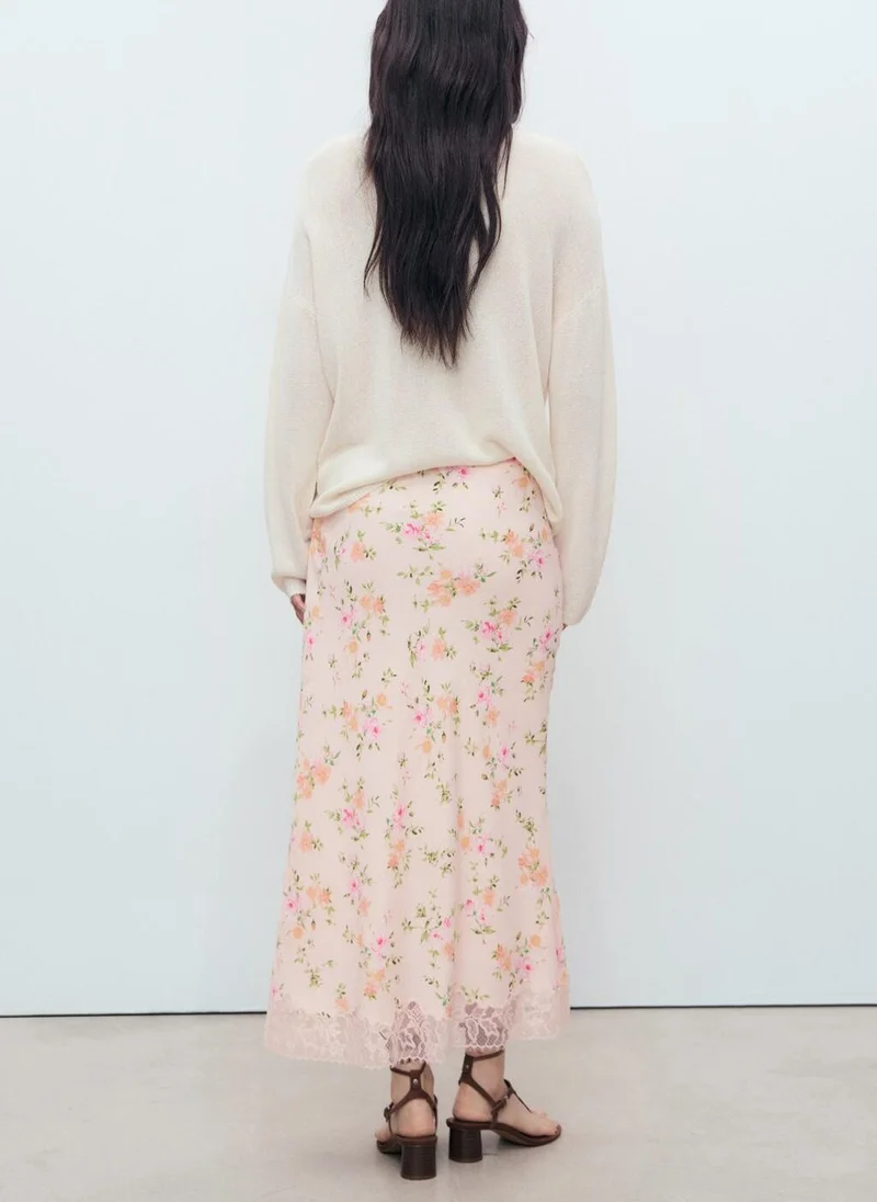 MANGO Floral Skirt With Lace Detail
