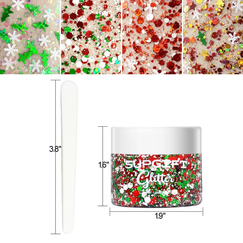 SUPGIFT Christmas Body Glitter Gel SUPGIFT 4 Colors 8.5oz Holographic Chunky Mermaid Iridescent Laser Liquid Star Flower Leaf Sequins for Makeup Face Eyeshadow Hair with Spoon - Image 3