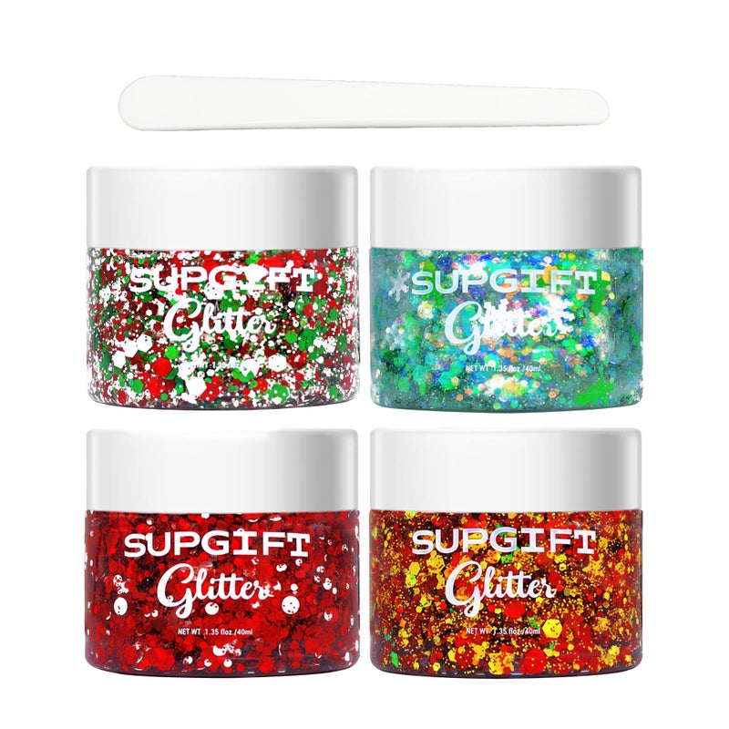 SUPGIFT Christmas Body Glitter Gel SUPGIFT 4 Colors 8.5oz Holographic Chunky Mermaid Iridescent Laser Liquid Star Flower Leaf Sequins for Makeup Face Eyeshadow Hair with Spoon - Image 1