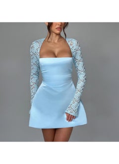 NIBEMINENT Summer Dress Low Neckline High Waist Lace Sleeve Splicing Temperament Long Sleeve Princess Dress  - Image 2