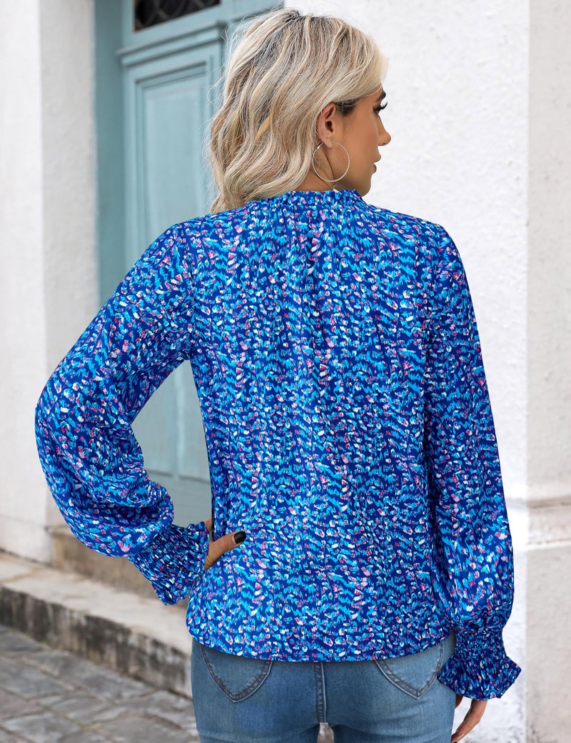 MASCOMODA Womens V Neck Floral Long Sleeve Tops 2026 Summer Casual Loose Puff Sleeve Chiffon Boho Work Blouse Dressy T Shirts(Floral Dark Blue,Small) - Image 5