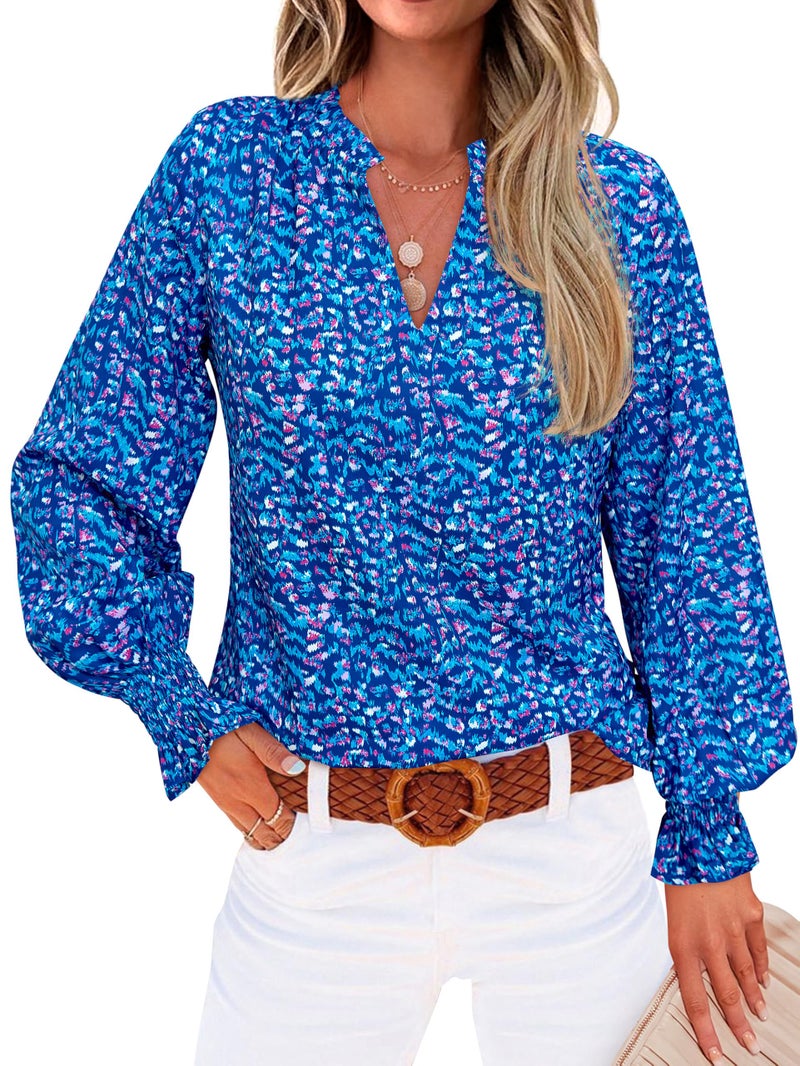 MASCOMODA Womens V Neck Floral Long Sleeve Tops 2026 Summer Casual Loose Puff Sleeve Chiffon Boho Work Blouse Dressy T Shirts(Floral Dark Blue,Small) - Image 1
