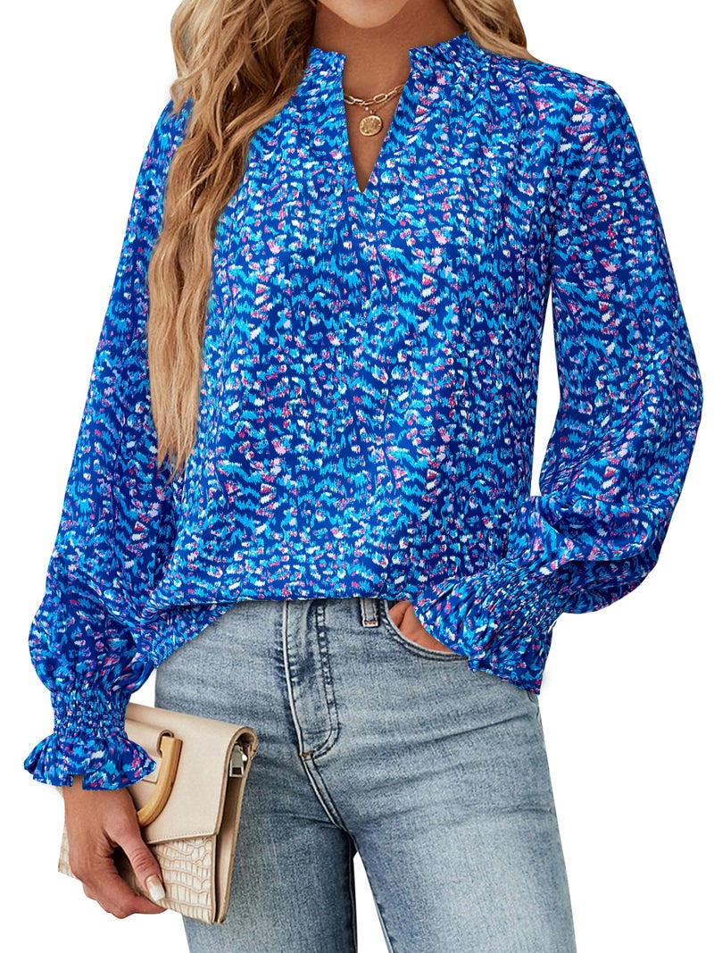 MASCOMODA Womens V Neck Floral Long Sleeve Tops 2026 Summer Casual Loose Puff Sleeve Chiffon Boho Work Blouse Dressy T Shirts(Floral Dark Blue,Small) - Image 2