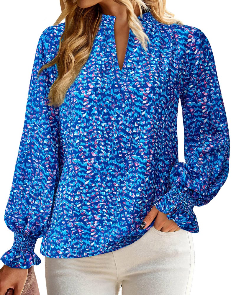 MASCOMODA Womens V Neck Floral Long Sleeve Tops 2026 Summer Casual Loose Puff Sleeve Chiffon Boho Work Blouse Dressy T Shirts(Floral Dark Blue,Small) - Image 4