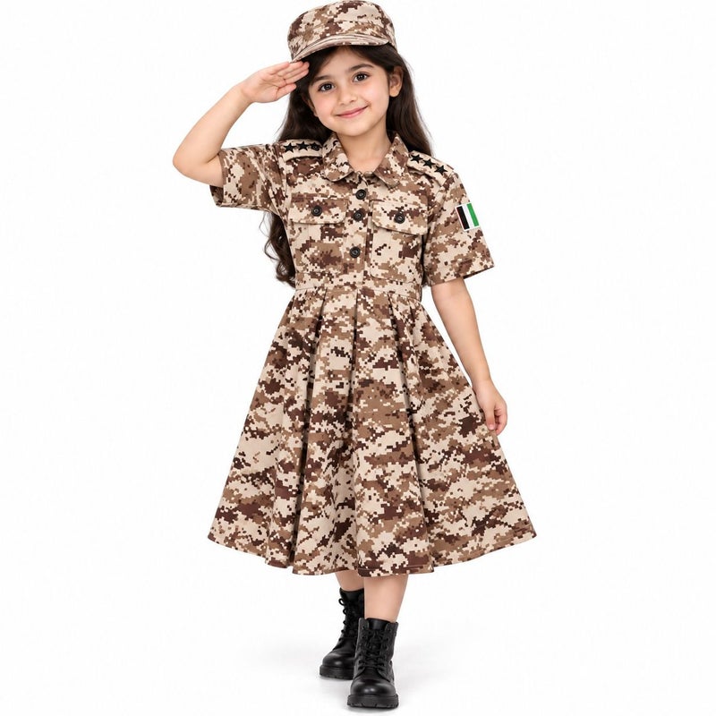 Girls Camouflage Military Dress with Cap - Kids Army Uniform Costume for Party