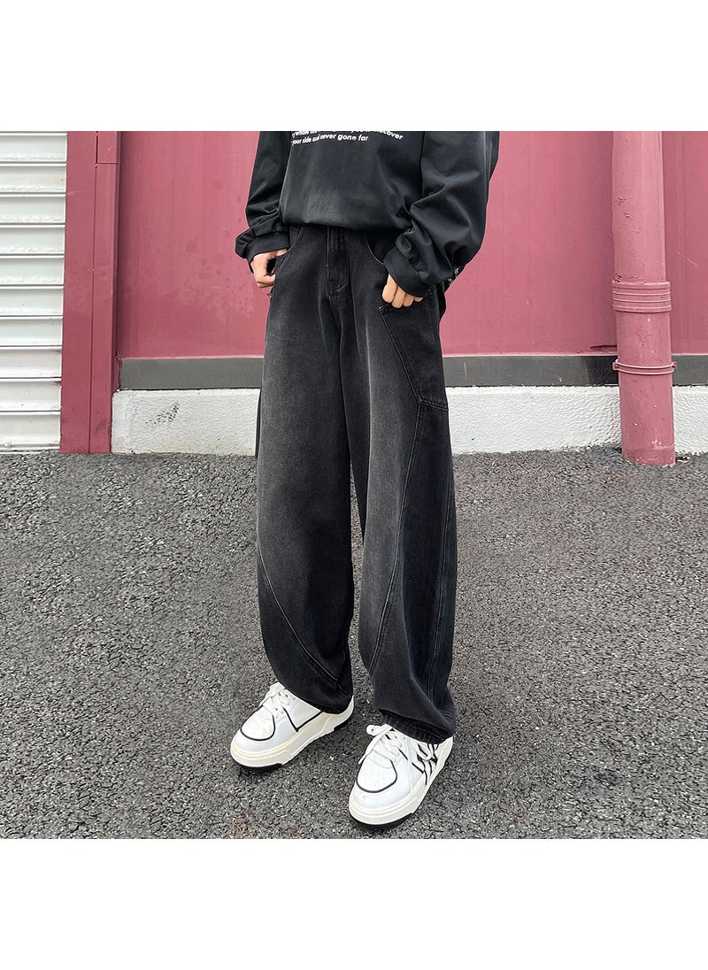 Generic European and American High Street Six-Pocket Machete Nostalgic Stitching Jeans Mens Straight-Leg Loose Trousers Semi-elastic Button Trendy Polished white and black 