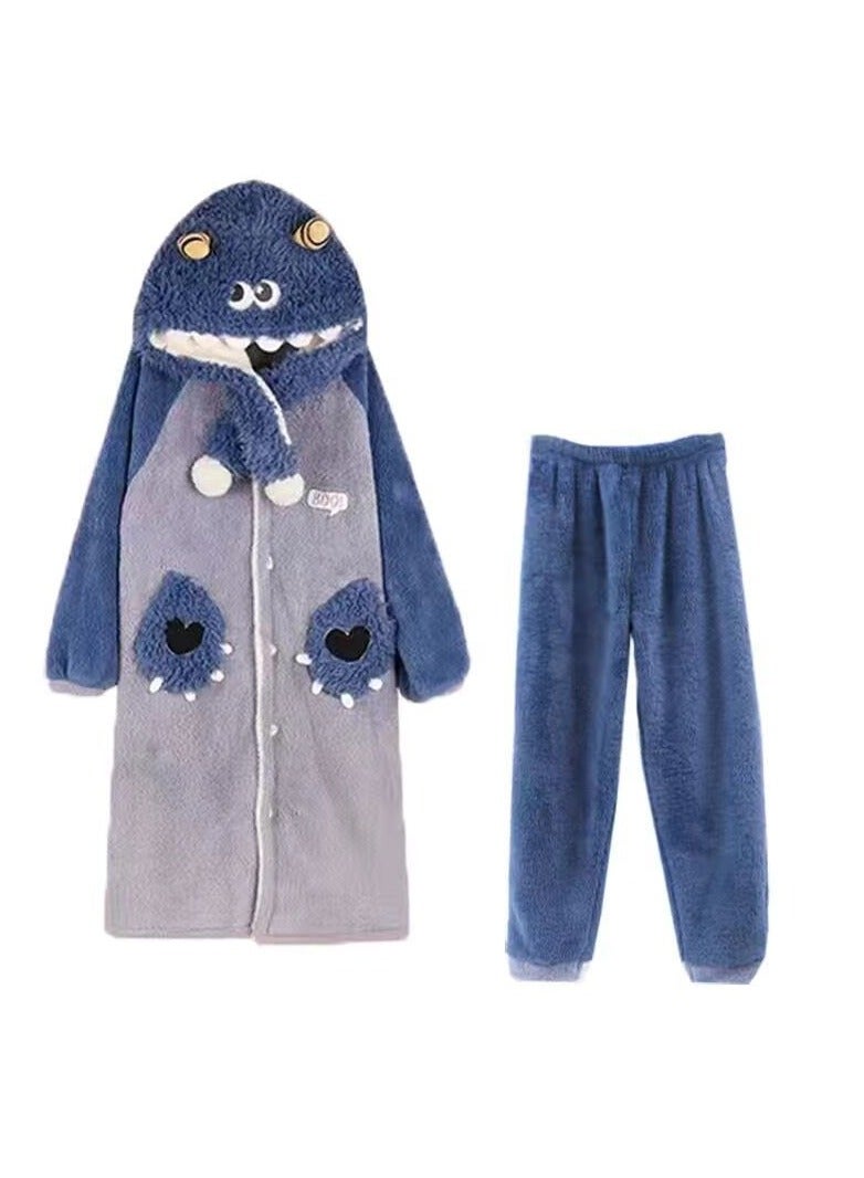 Nariele Little Monster Coral Plush Thick Plush Cute Cartoon Long Flannel Nightgown Suit - Image 1
