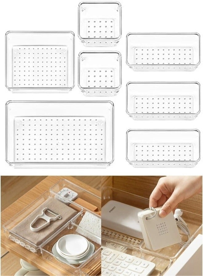 7 Pcs Desk Drawer Organizers Trays Set Clear Plastic Storage Bins Bathroom Drawer Tray Dividers Vanity Trays Organizer for Bedroom Dresser Makeup Kitchen Utensil Office  - Image 1