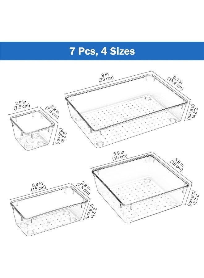 7 Pcs Desk Drawer Organizers Trays Set Clear Plastic Storage Bins Bathroom Drawer Tray Dividers Vanity Trays Organizer for Bedroom Dresser Makeup Kitchen Utensil Office  - Image 2
